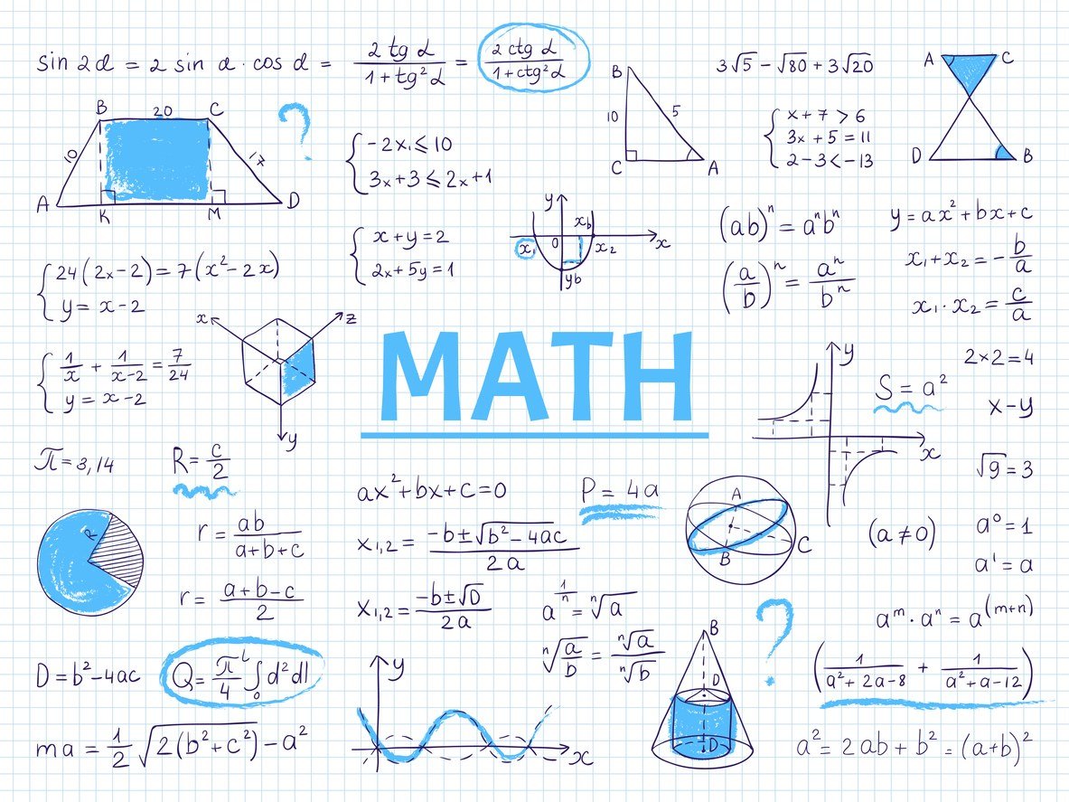Doodle math. Algebra and geometry school equation and graphs, hand drawn physics science formulas. Vector education sketch