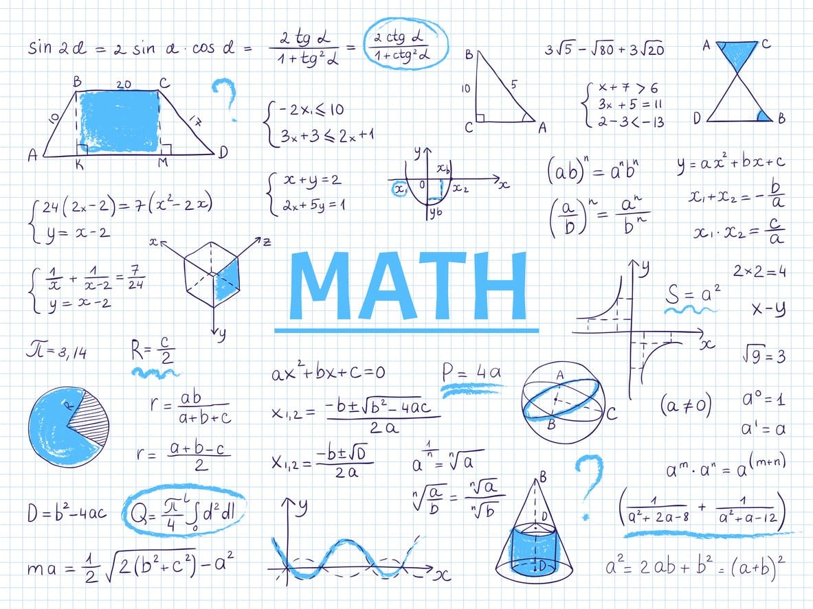 Rabiscos de matemática. Equações e gráficos escolares de álgebra e geometria, fórmulas científicas de física desenhadas à mão. Esboço de educação vetorial