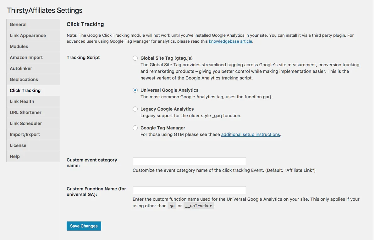 Configuração do rastreamento de cliques do Google Analytics no ThirstyAffiliates.