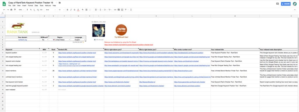 RankTank Google Spreadsheet