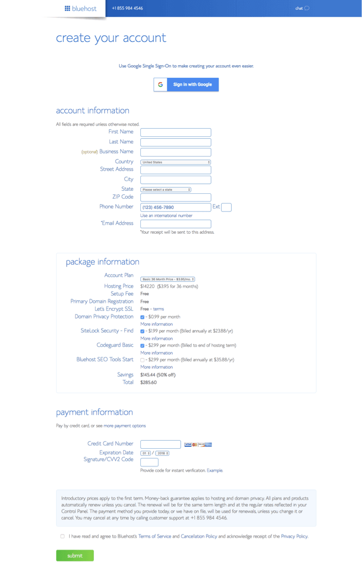 create an account in bluehost