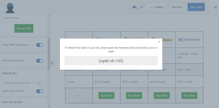 Insert comparison table via shortcode