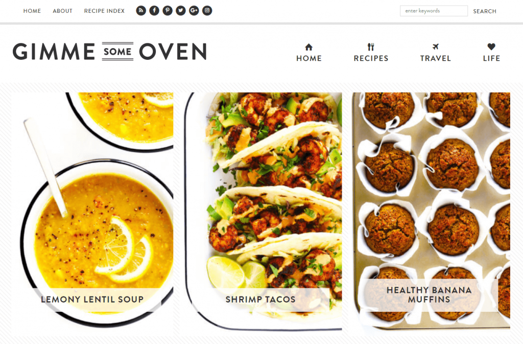 A screenshot of the landing page for the cooking blog Gimme Some Oven.