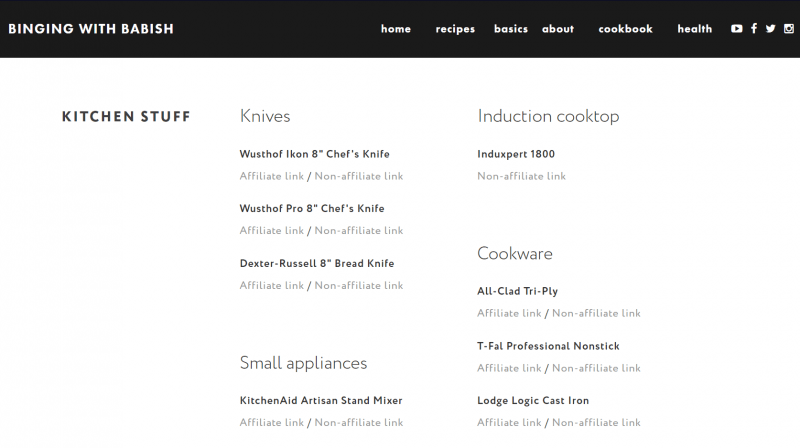 La liste des équipements avec des liens d'affiliation sur le site Binging With Babish.