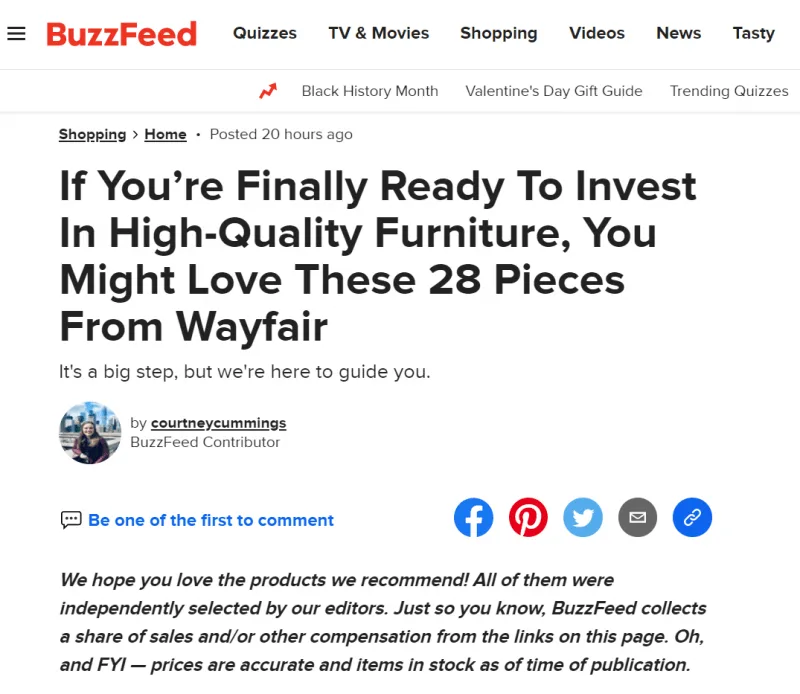 Un guide de produits BuzzFeed rédigé avec des liens d'affiliation.