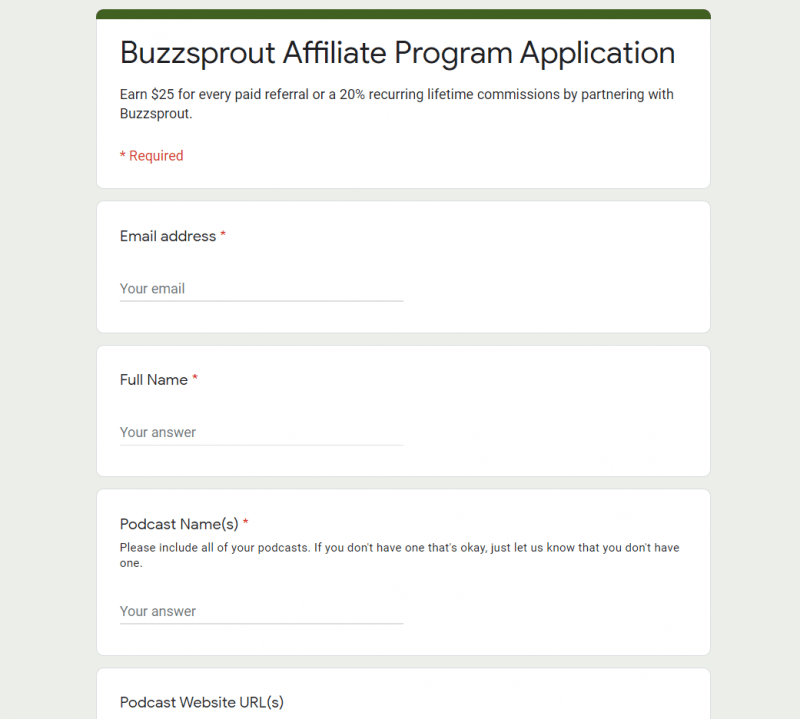 The application page for Buzzsprout's affiliate program.