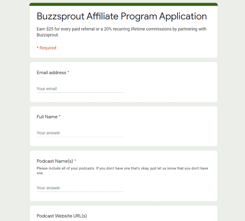 La página de solicitud del programa de afiliados de Buzzsprout.