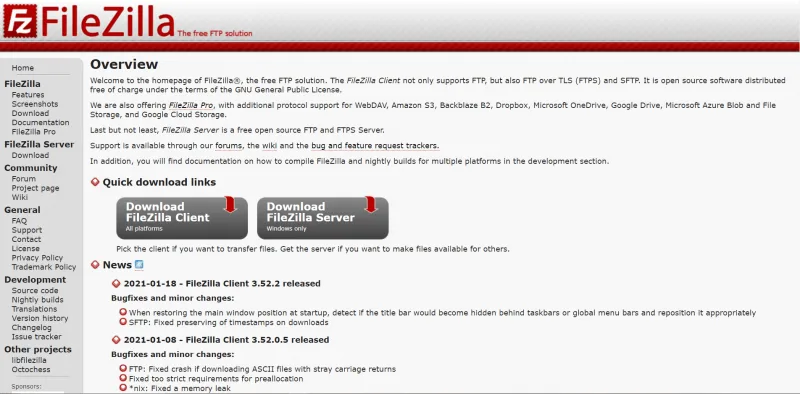 The FileZilla homepage.