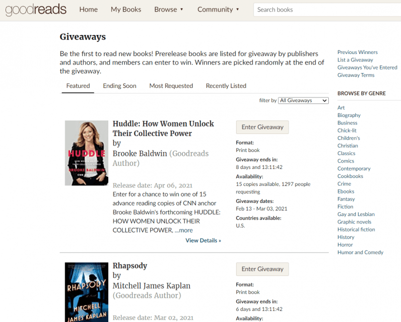 La page du cadeau de Goodreads.