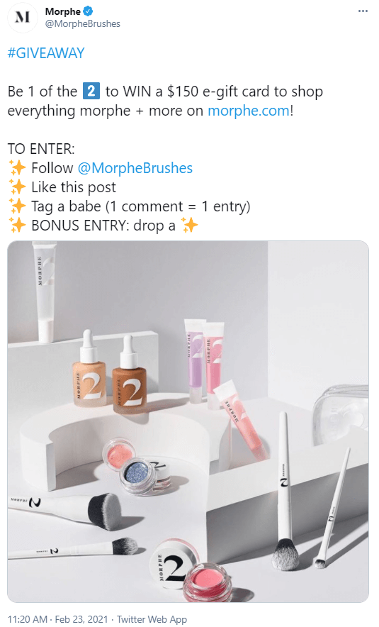 A Tweet from @MorpheBrushes advertising a giveaway.