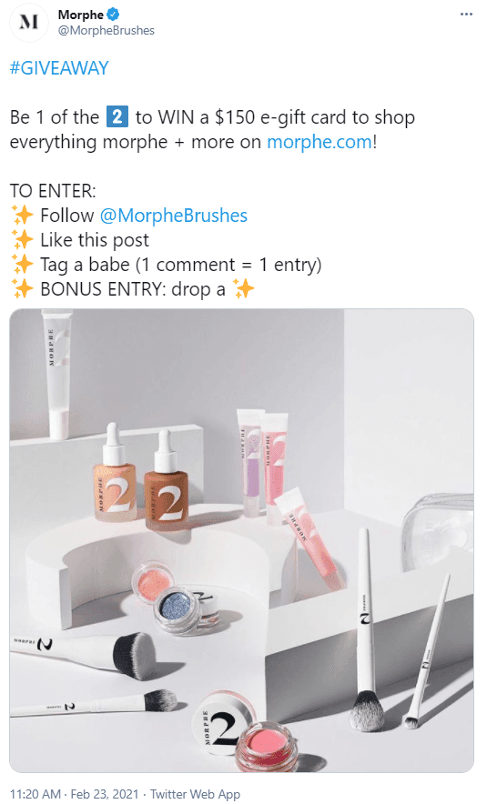 A Tweet from @MorpheBrushes advertising a giveaway.