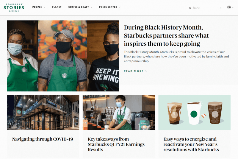 The Starbucks homepage displaying copywriting in the form of blog posts.
