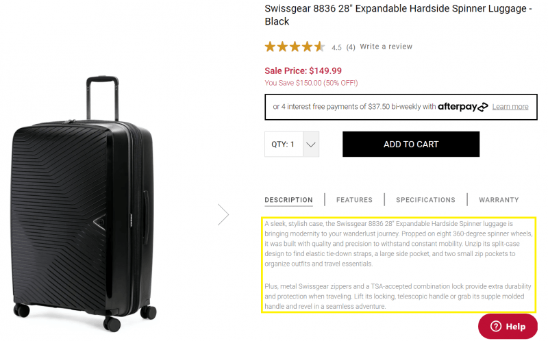 An example of copywriting shown through a suitcase product description.