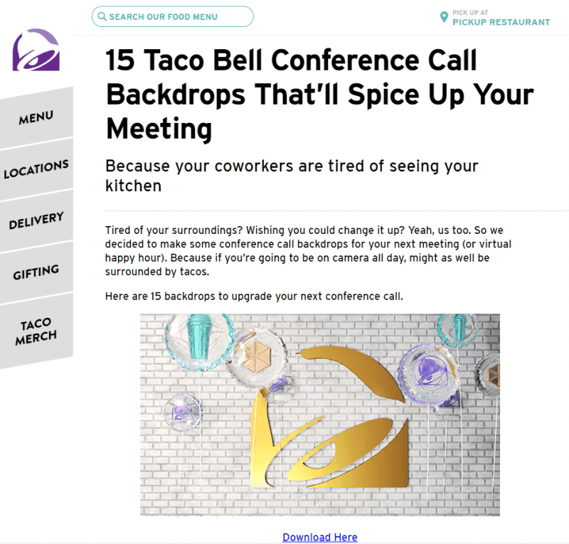 Un exemple d'article de blog de Taco Bell démontrant comment la rédaction de contenu peut être utilisée.