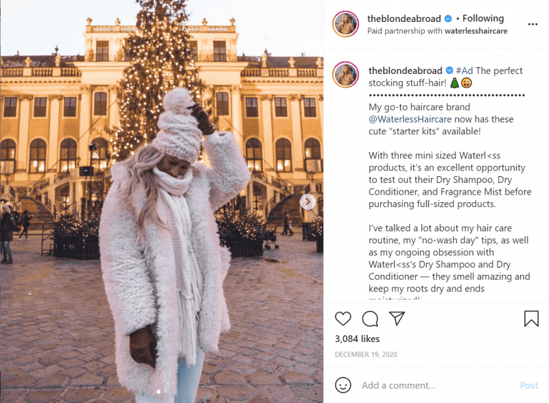 Una publicación de Instagram con un enlace de afiliado del blog de viajes The Blonde Abroad.