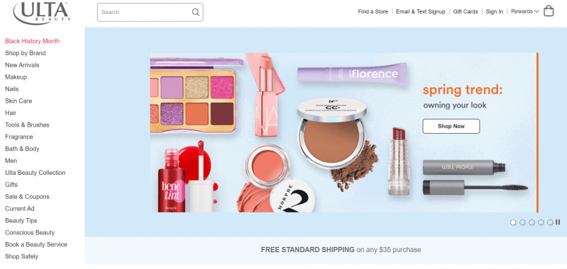 Ulta Beauty's home page, displaying the wide range of products it sells.