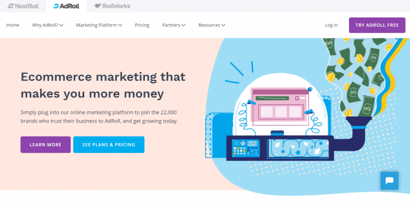 The home page of AdRoll, a company offering retargeting services.