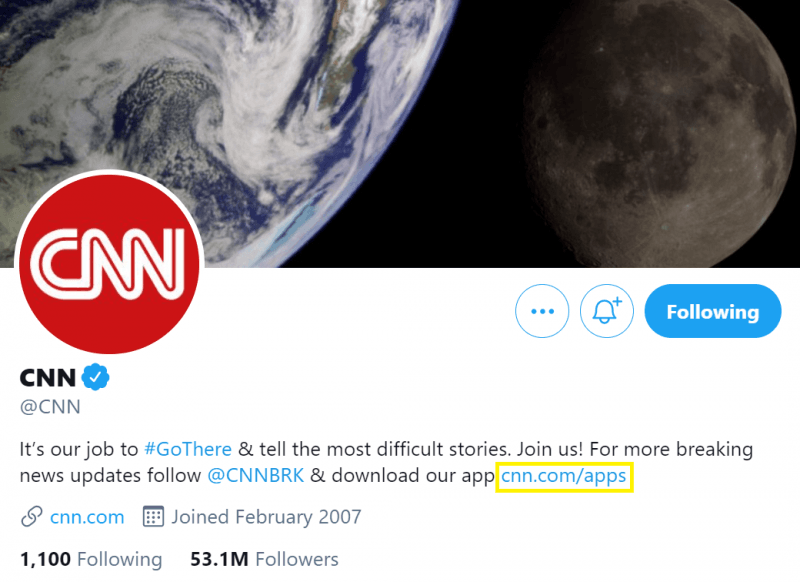 CNN's official Twitter page, featuring a vanity URL of "cnn.com/apps". 