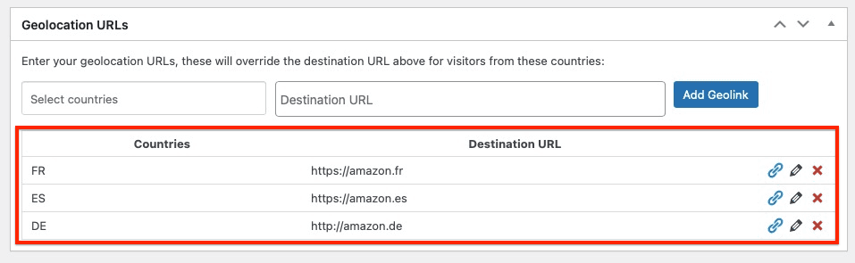 Exemples de redirections géociblées ThirstyAffiliates 