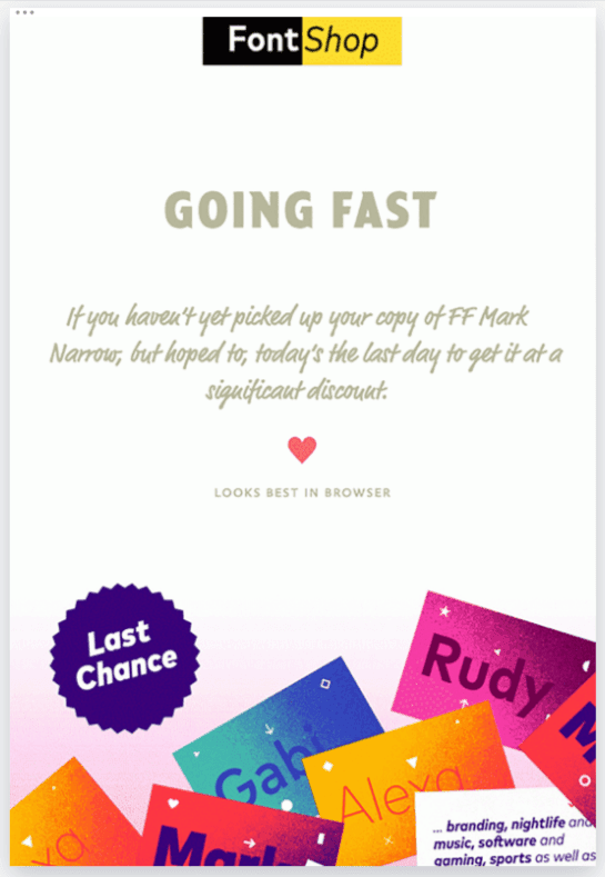 Mensagem de marketing por e-mail "Last Chance" da Font Shop