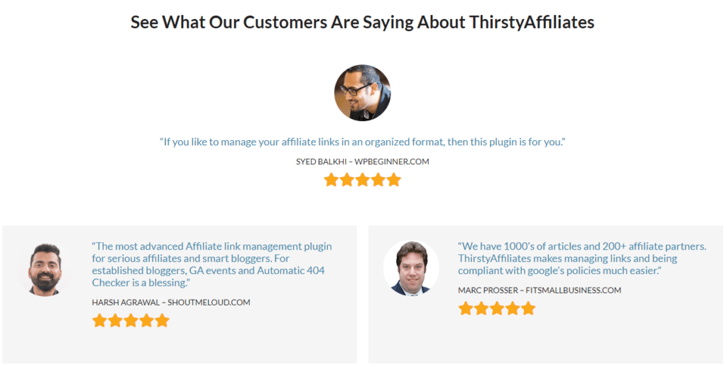 ThirstyAffiliates Social proof reviews page