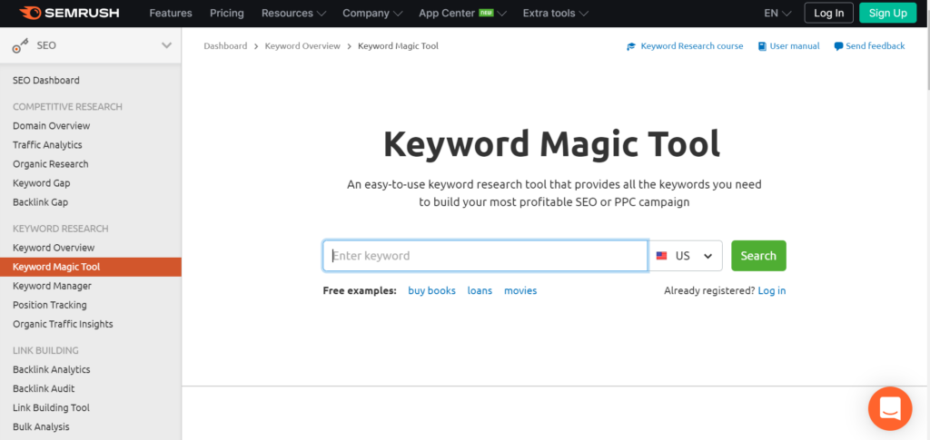 One of the most recommended keyword research tools is Semrush’s Keyword Magic Tool