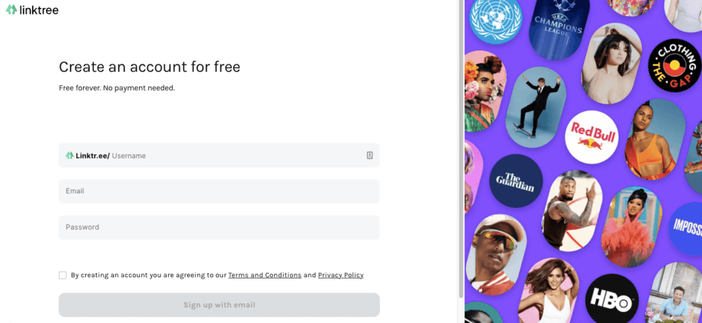 Linktree's registration page.