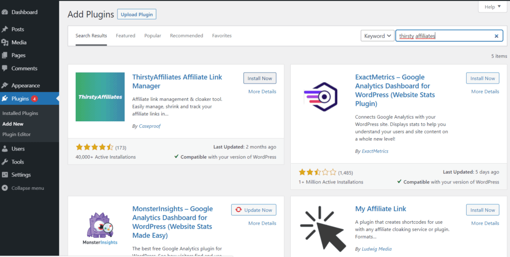 Le tableau de bord d'administration WordPress "Ajouter des plugins" La page affiche une recherche du plugin ThirstyAffiliates et l'option de "Installer maintenant."