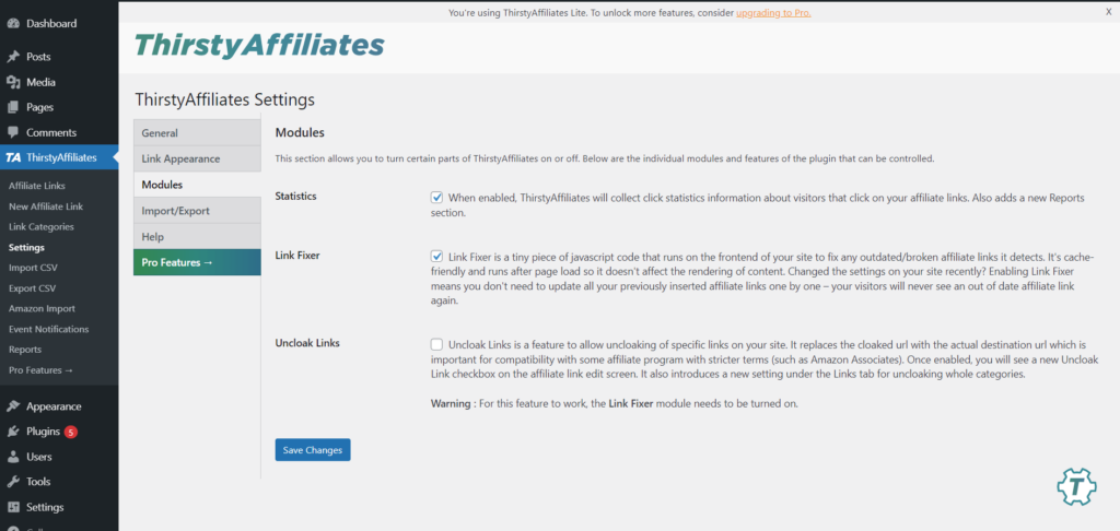 The WordPress admin dashboard displays the ThirstyAffiliates plugin settings > modules.