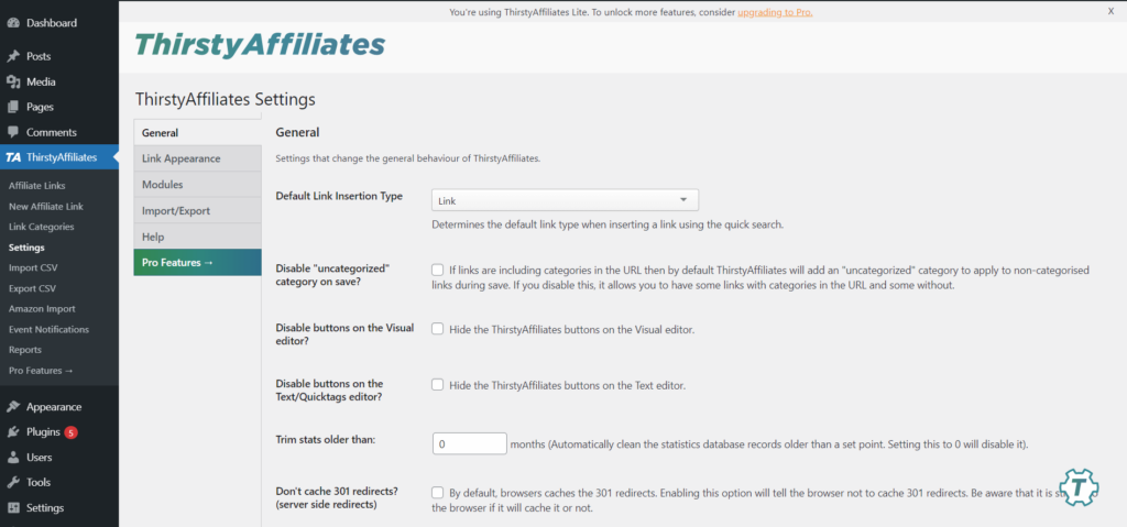 The WordPress admin dashboard displays the ThirstyAffiliates plugin settings page.