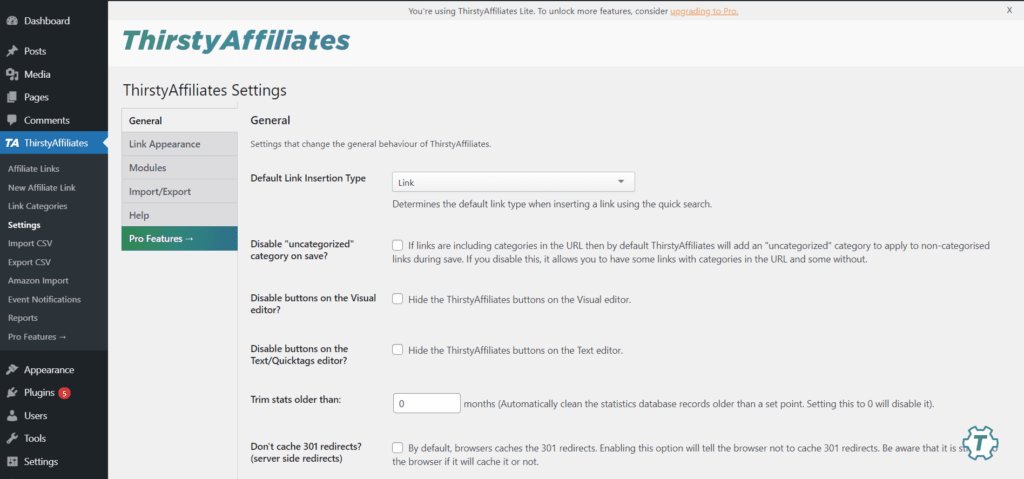 O painel de administração do WordPress exibe a página de configurações do plug-in ThirstyAffiliates.