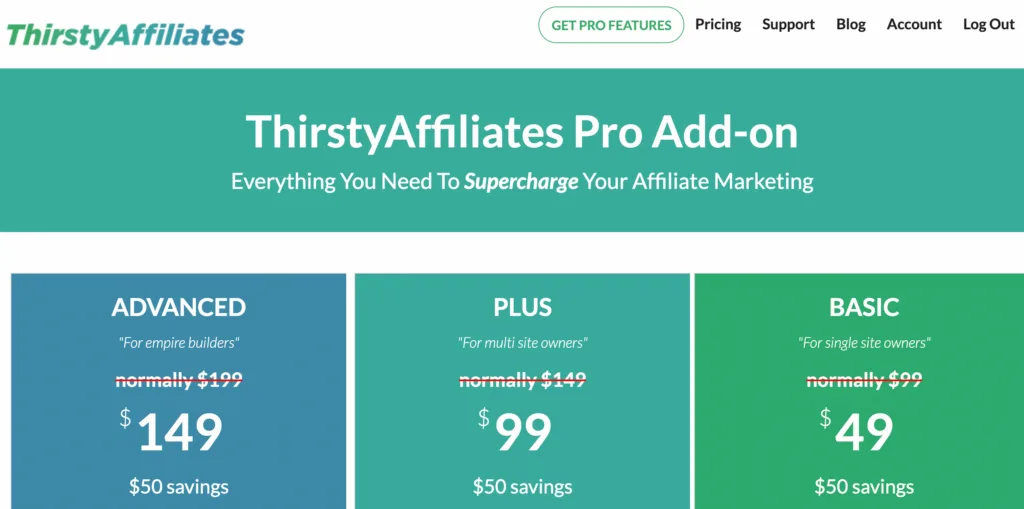 ThirstyAffiliates Pro Plugin für WordPress Preisseite.