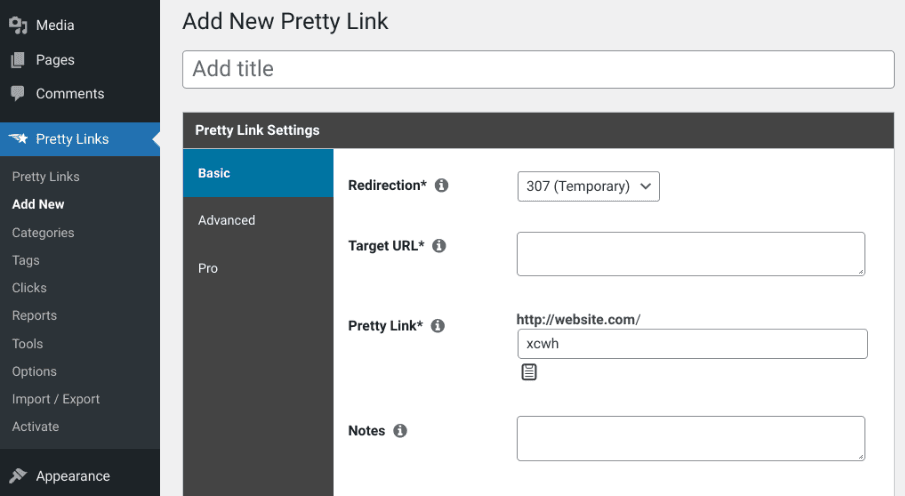 The Pretty Links setting screen.