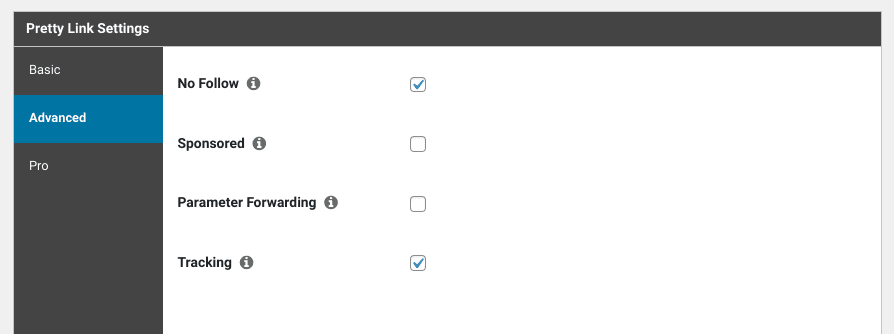 The Advanced tab of the Pretty Links plugin settings.