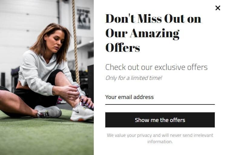 exclusive offers pop-up messaging example