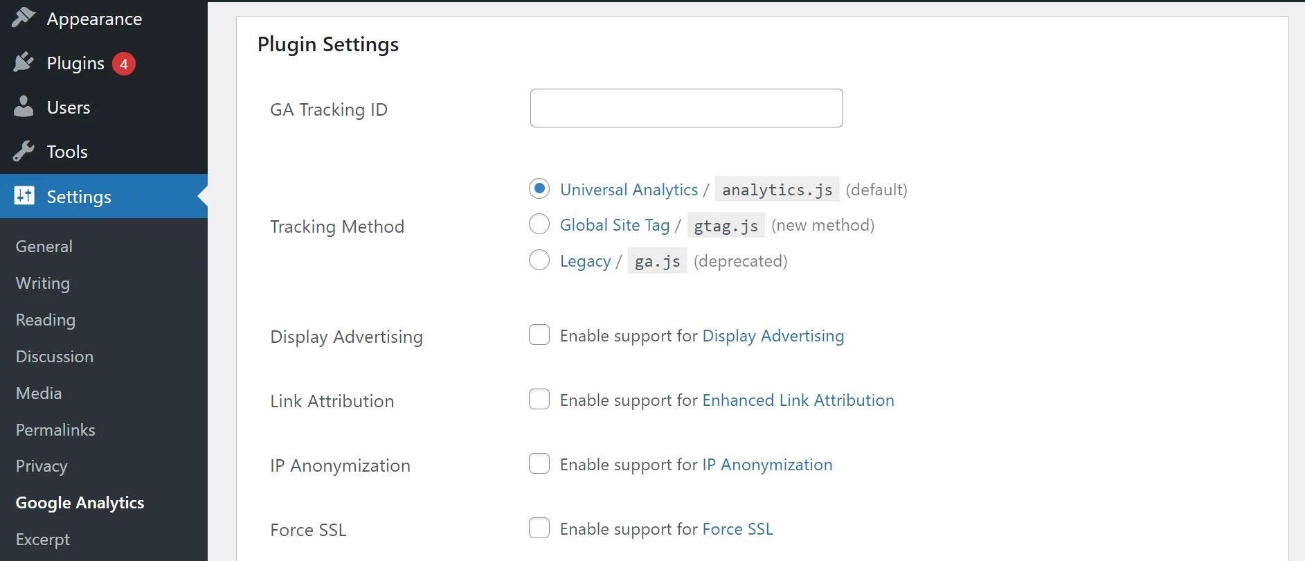 Konfigurieren der Einstellungen für GA Google Analytics Plugin