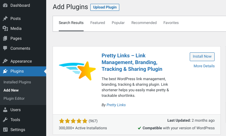 The screen to install the Pretty Links plugin in WordPress.