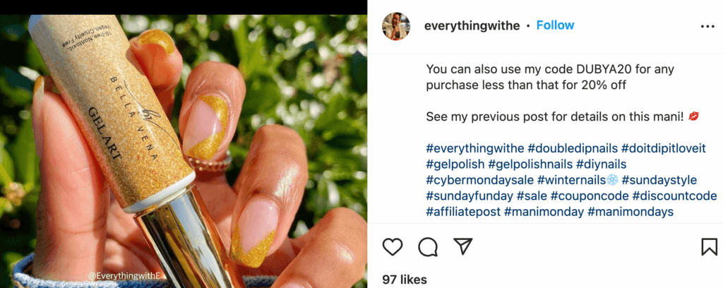 An affiliate post for nail gel art on Instagram.