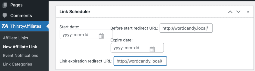 Using the Link Scheduler in the ThirstyAffiliates plugin.