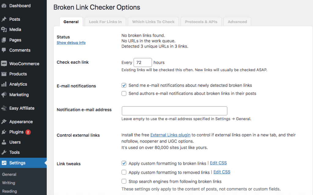 Configurações do Broken Link Checker