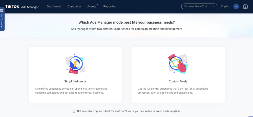 TikTok ads manager mode