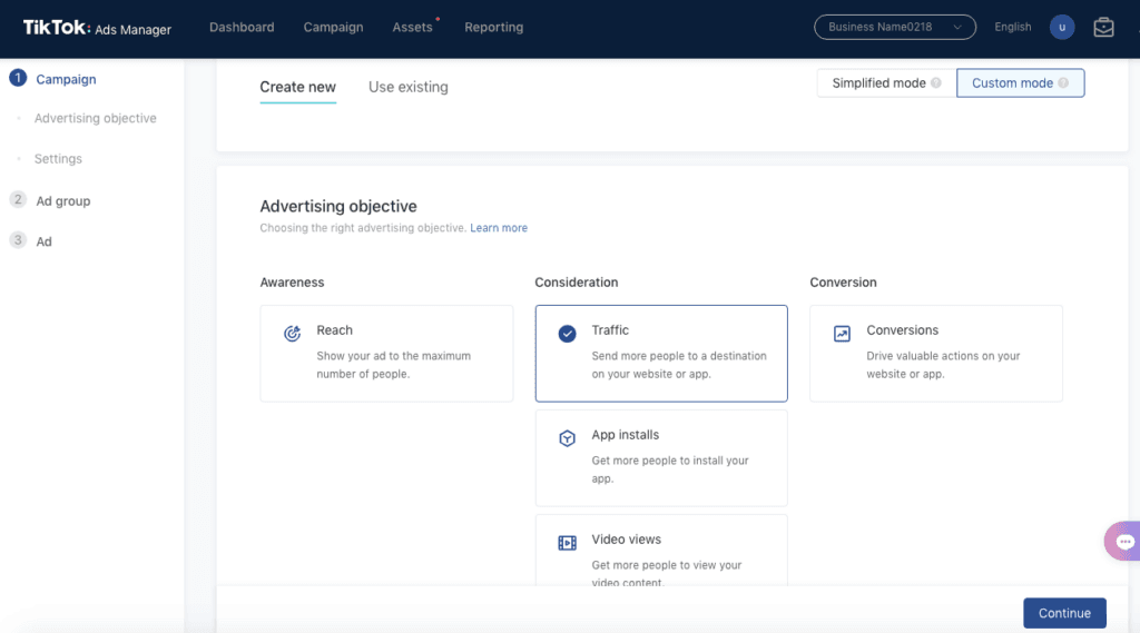 TikTok ads objective