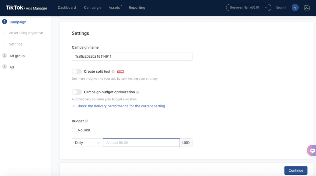 TikTok campaign settings
