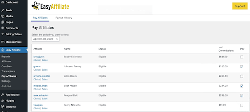 Screenshot of the Pay Affiliates page in the Easy Affiliate WordPress plug-in.