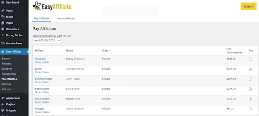 Easy-Affiliate-Screenshot-1 | ThirstyAffiliates Capture d'écran de la page Payer les affiliés dans le plug-in WordPress Easy Affiliate.