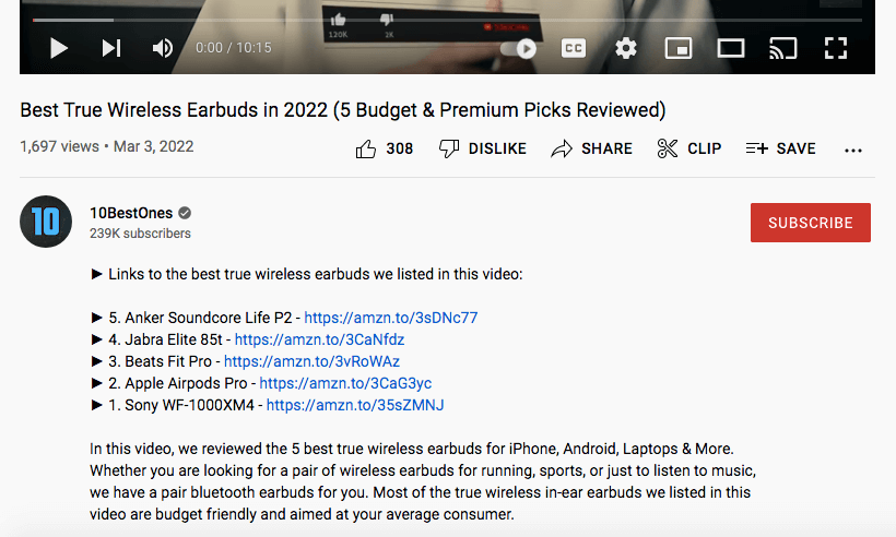 Coloca cómodamente tus enlaces de afiliado en la descripción del vídeo de YouTube para agilizar las compras.