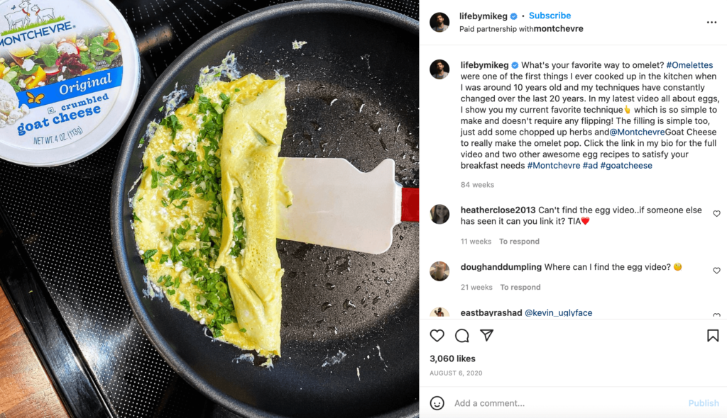 Screenshot of lifebymikeg instagram post, with a photo of omelette and montchevre cheese 