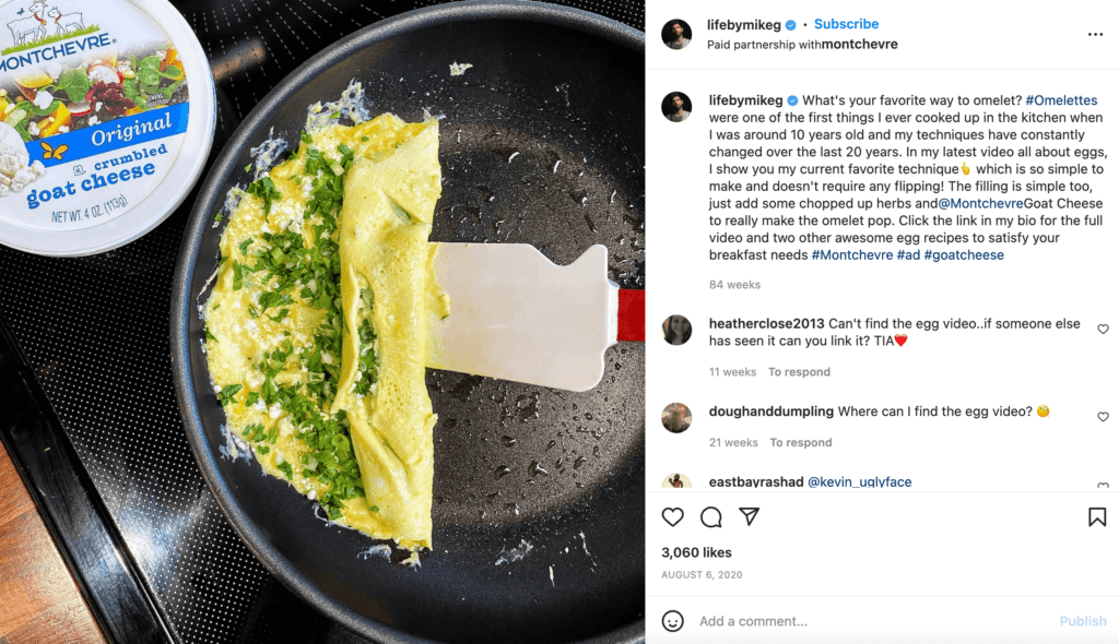 Capture d'écran du post instagram de lifebymikeg, avec une photo d'omelette et de fromage de montchevre. 