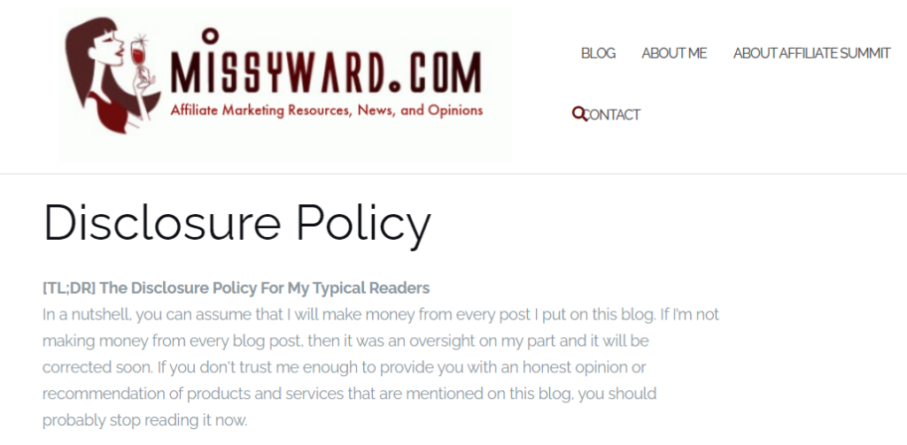 Screenshot of Missy Ward disclosure policy page