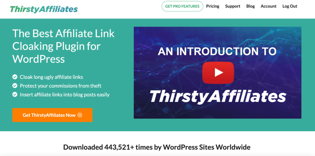 Screenshot of ThirstyAffiliates homepage 